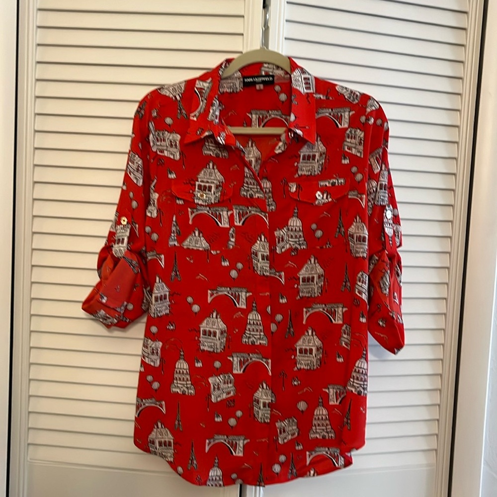 Karl Lagerfeld Paris   Paris themed button down blouse with tab sleeves. Sz. M